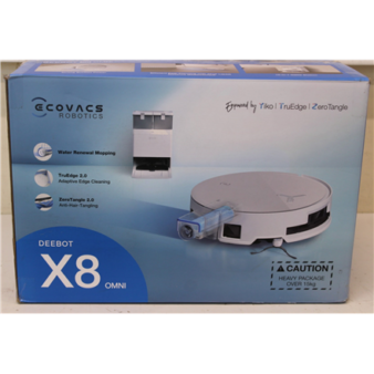 SALE OUT. Ecovacs DEEBOT X8 OMNI Vacuum cleaner, Robot, Wet&Dry, 18000Pa, TruEdge 2.0, AIVI 3D 3.0, YIKO-GPT, White+Auto-empty station | Ecovacs Robotic Vacuum Cleaner | DEEBOT X8 OMNI | Wet&Dry | Lithium-Ion | 5200 mAh | Dust capacity 0.22 L | 18000 Pa | White | USED, MISSING INNER PACKAGE, SCRATCHED, DIRTY | 24 month(s)