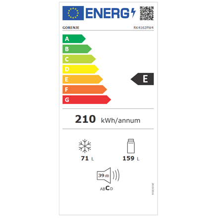 Gorenje Refrigerator | RK4162PW4 | Energy efficiency class E | Free standing | Combi | Height 161.3 cm | Fridge net capacity 159 L | Freezer net capacity 71 L | 39 dB | White - Image 4