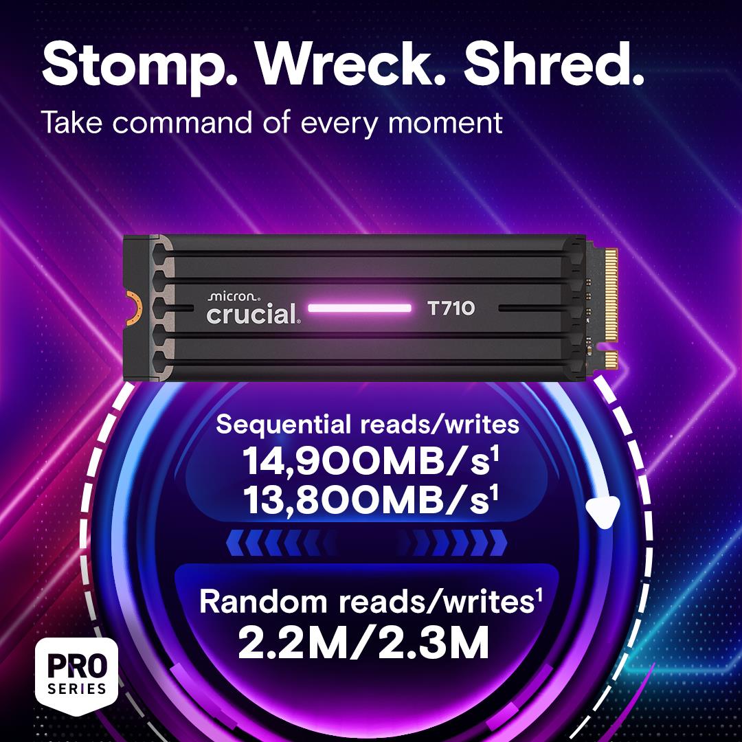 SSD CRUCIAL T710 4TB M.2 PCIe Gen5 NVMe Write speed 13800 MBytes/sec Read speed 14900 MBytes/sec TBW 2400 TB CT4000T710SSD5 - Image 2