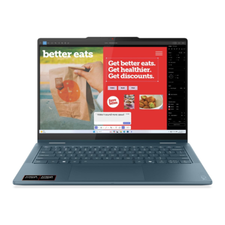 Lenovo Yoga 7 2-in-1 14AKP10 14 WUXGA Touch AMD AI R7 350/16GB/512GB/AMD Radeon 860M Graphics/WIN11 Home/ENG Backlit kbd/Tidal Teal/2Y Warra | Lenovo Yoga (w/o 65W Power adapter) 7 2-in-1 14AKP10 | Tidal Teal | 14 " | OLED | Touchscreen | WUXGA | 1920 x 1200 pixels | 60 Hz | Glossy | AMD Ryzen AI 7 | 350 | 16 GB | LPDDR5 | Solid-state drive capacity 512 GB | AMD Radeon Graphics | Windows Home 11 | 802.11be | Bluetooth version 5.4 | Keyboard language US international | Keyboard backlit | Warranty 24 month(s) | Battery warranty 12 month(s)