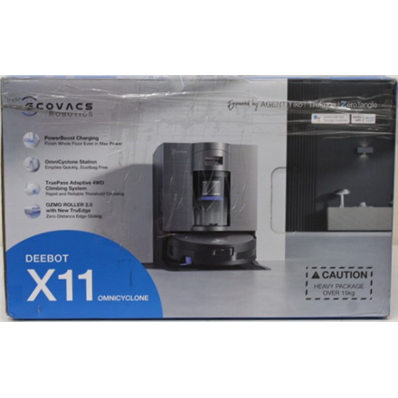 SALE OUT. Ecovacs DEEBOT X11 OMNICYCLONE EU Vacuum & mop, Wet&Dry,with new bagless All-in-One OmniCyclone station, Black (with brown shimmer | Ecovacs Robot Vacuum Cleaner with New Bagless All-in-One OmniCyclone Station | DEEBOT X11 OMNICYCLONE EU | Wet&Dry | 6400 mAh | 19500 Pa | Black | DAMAGED PACKAGING, ITEM USED, SCRATCHED AND DIRTY