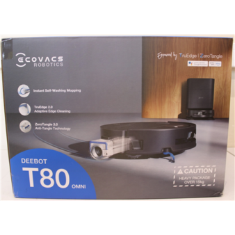 SALE OUT. Ecovacs DEEBOT T80 OMNI Vacuum cleaner, Robot, Wet&Dry, 18000Pa, TruEdge 2.0, ZeroTangle 3.0, Carpet Care, Black + Auto-empty stat | Ecovacs Robotic Vacuum Cleaner | DEEBOT T80 OMNI | Wet&Dry | Li-ion | 6400 mAh | Dust capacity 0.22 L | 18000 Pa | Black | DAMAGED PACKAGING | 24 month(s)