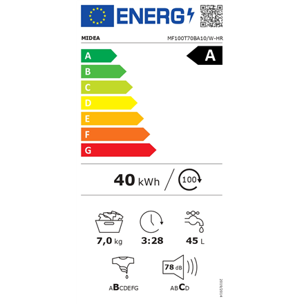 Midea | Washing Machine | MF100T70BA10/W-HR | Energy efficiency class A | Top loading | Washing capacity 7 kg | 1200 RPM | Depth 61 cm | Width 40 cm | Display | LED | Steam function | White - Image 3