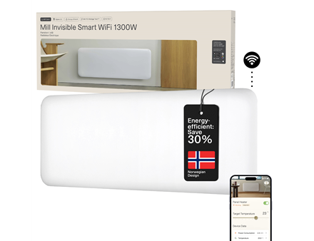 Mill Invisible Smart WiFi Heater | PA1300WIFI4 | Panel Heater | 1300 W | Suitable for rooms up to 15-19 m² | White | IPX4