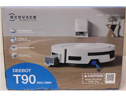 SALE OUT. Ecovacs DEEBOT T90 Max OMNI Vacuum Cleaner,Robot,Wet&Dry,30000Pa,TruEdge 3.0,ZeroTangle 4.0,OZMO Roller 3.0,White+OMNI Auto-Empty | Ecovacs Robot Vacuum Cleaner | DEEBOT T90 Max OMNI | Wet&Dry | Operating time (max) 257 min | 5200 mAh | Dust capacity 2.5 L | 30000 Pa | White | DAMAGED PACKAGING | 24 month(s)